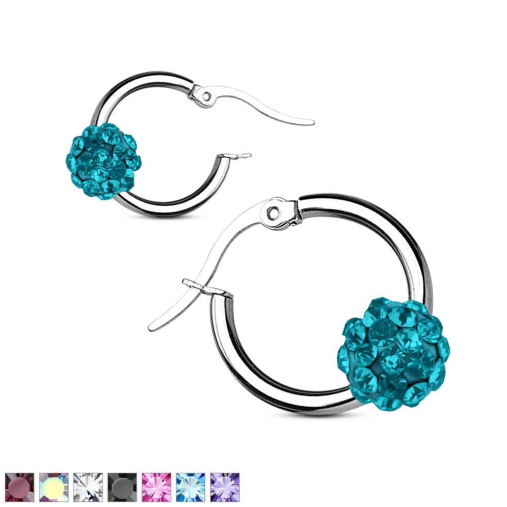 Pair of Colored Crystal Ball 316L Surgical Steel Hoop Earring