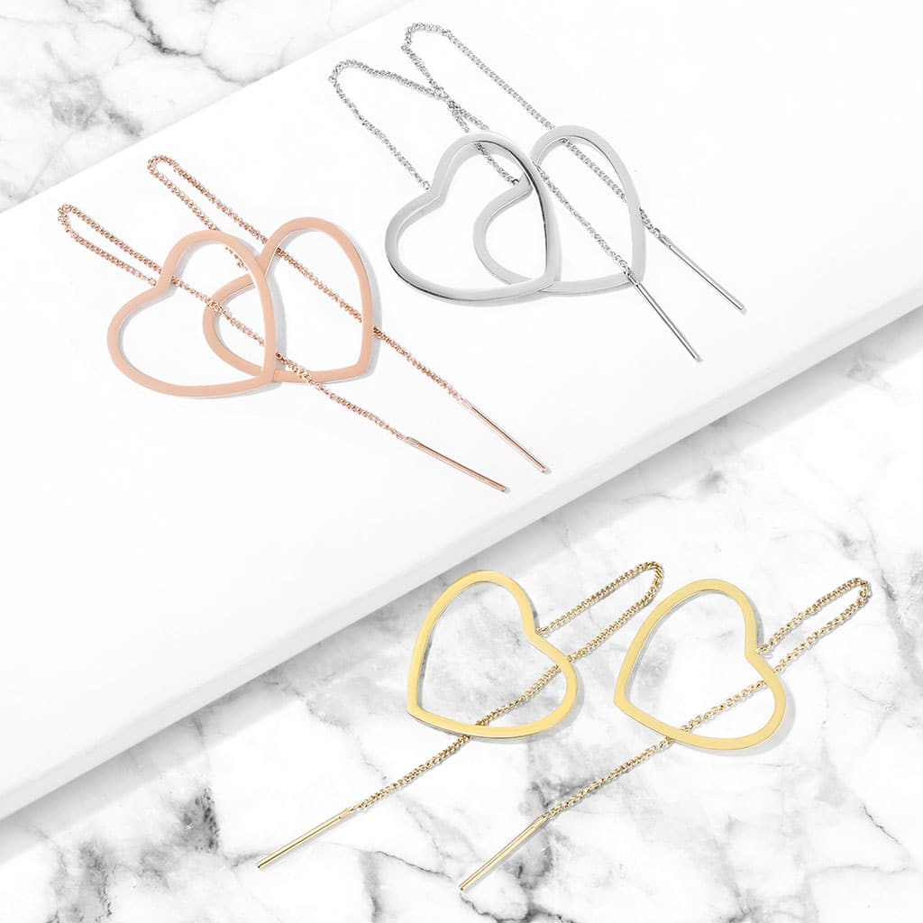 Pair of Free Falling Chain with Open Heart and Bar 316L Stainless Steel...