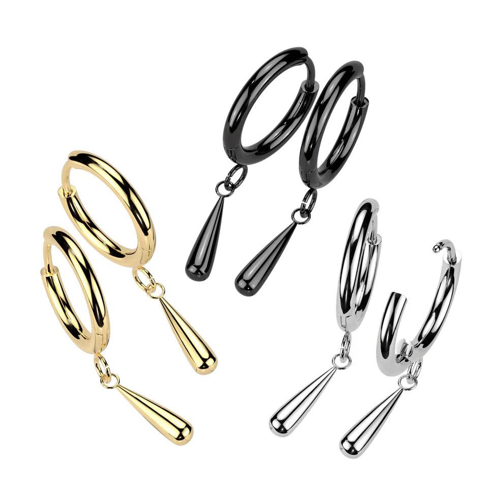 Pair of Implant Grade Titanium 2mm Thick Hinged Plain Round Hoop Earrings With Teardrop Dangle