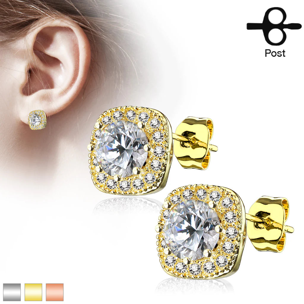 Pair of Large Round CZ Centered with CZ Paved Outlined Square 316L...