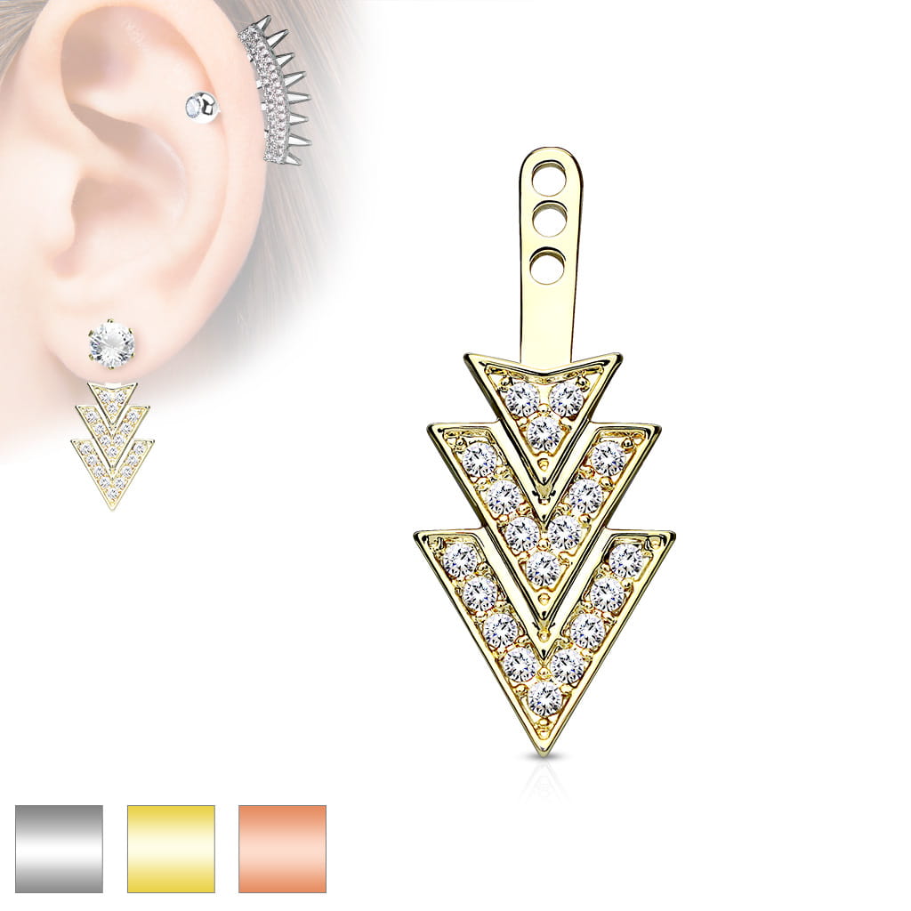 Pave Gem Overlapping 3 Triangles Earring Jacket / Cartilage Stud Add on Dangle