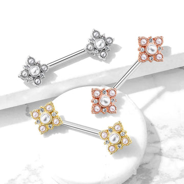 Pearl and Crystal Paved Gold Plated Vintage Square Flower Ends 316L...