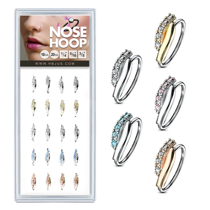 Pre LoadedLined CZ Set Twisted Bar 316L Surgical Steel Nose Hoop Rings Pack ( x)