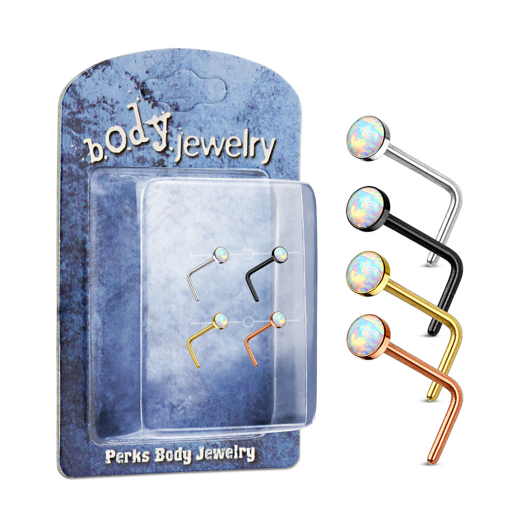 Pre Packaged Opal Set IP Over316L Surgical Steel L Bend Nose Stud Rings Bonus
