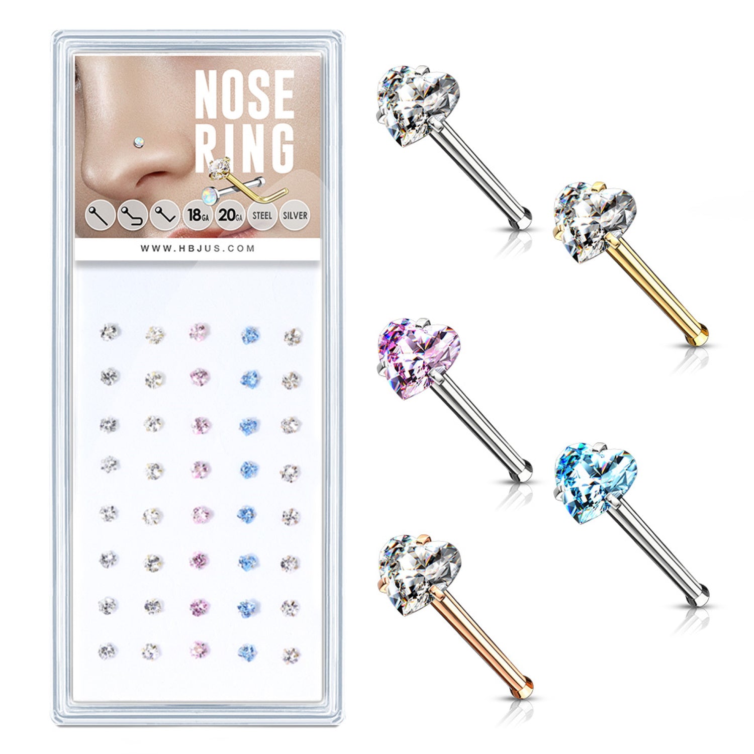 Prong Set Heart CZ Top 316L Surgical Steel Nose Stud Package ( X)