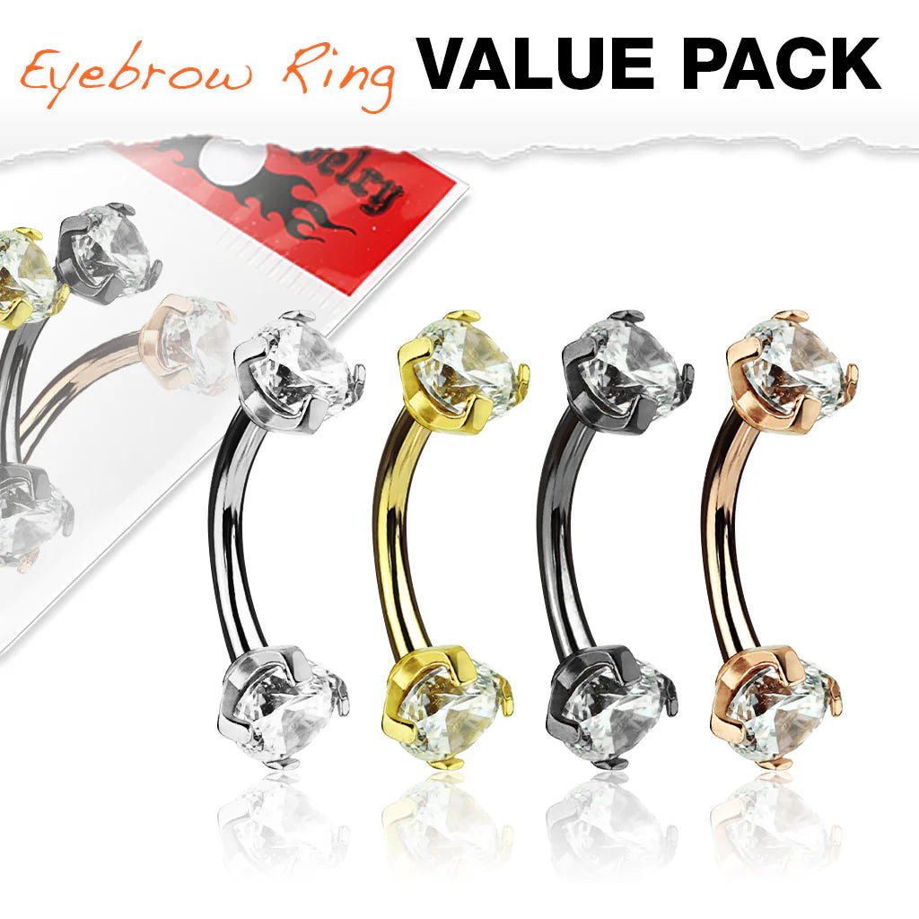 Prong Set Clear CZ Internally Threaded 316L Surgical Steel Eyebrow Curve Ring