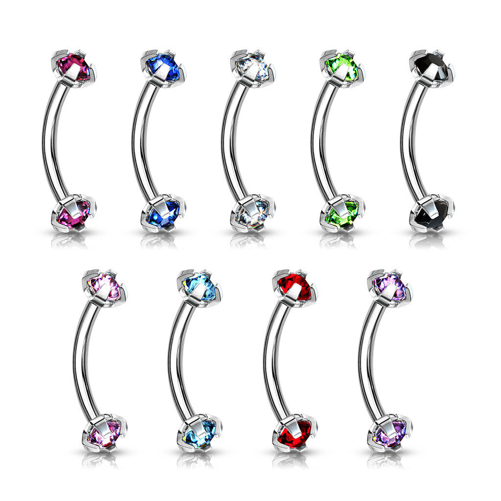 Prong Set Gem 316L Surgical Steel Eyebrow Curve Ring with Internally Threaded