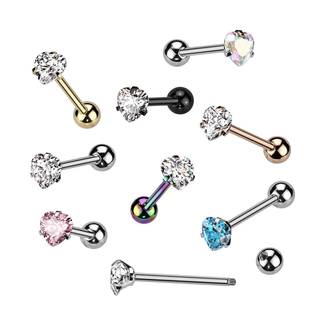 Prong Set Hear CZ 316L Surgical Steel Barbell Tongue Rings