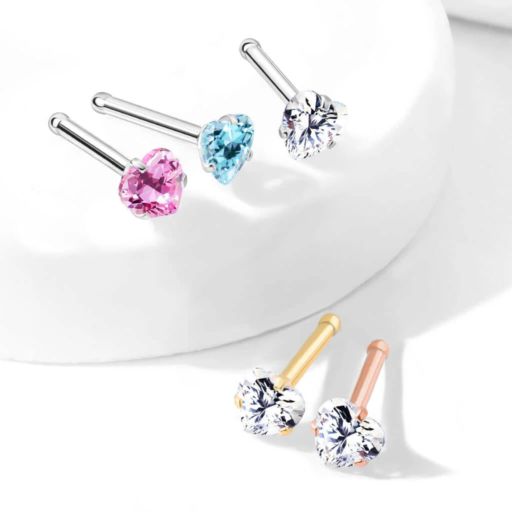 Prong Set Heart CZ Top 316L Surgical Steel Nose Bone Stud Rings