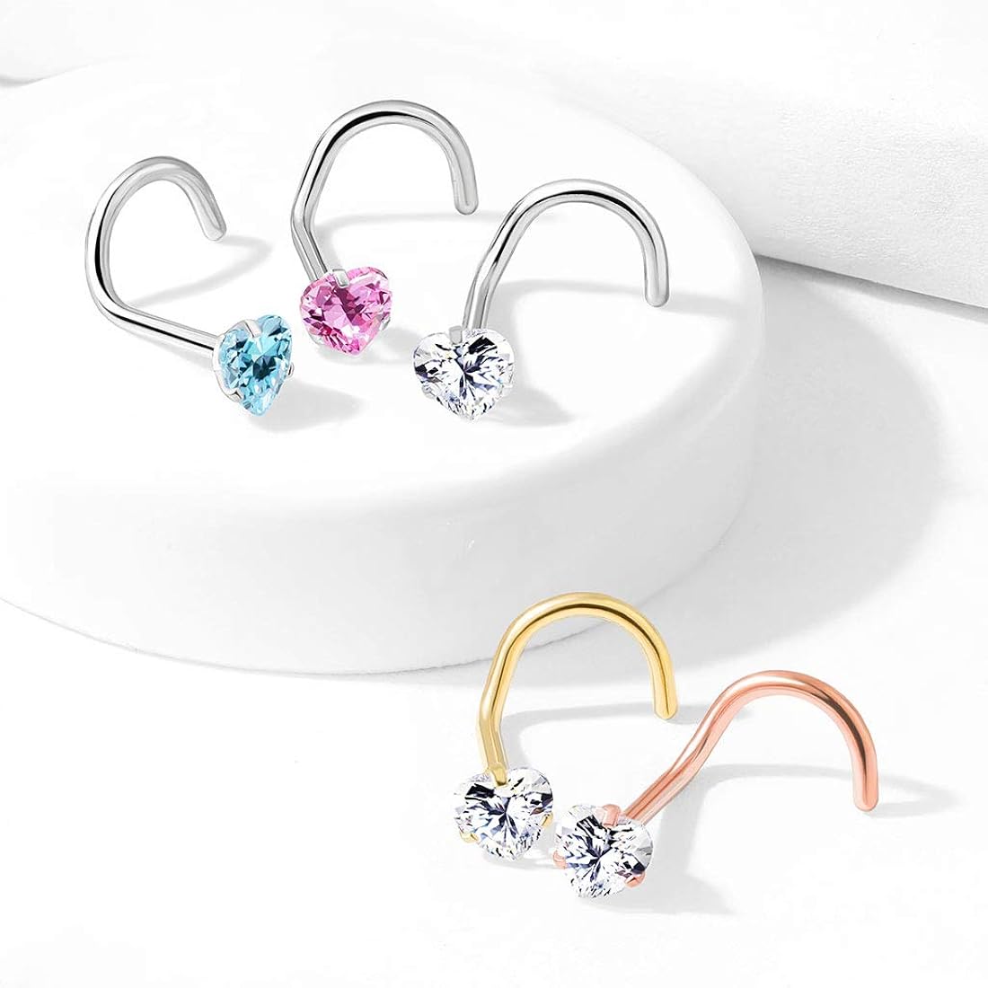 Prong Set Heart CZ Top 316L Surgical Steel Nose Screw Rings