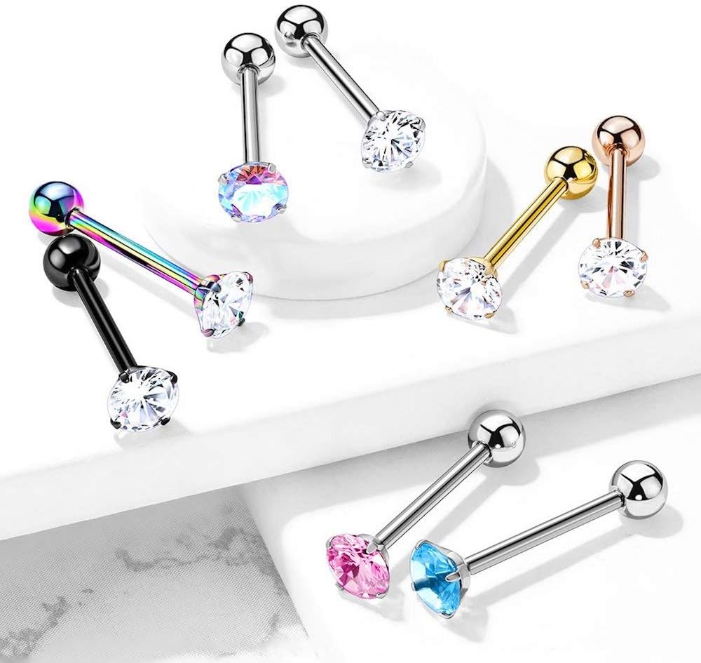 Prong Set Round CZ 316L Surgical Steel Barbell Tongue Rings