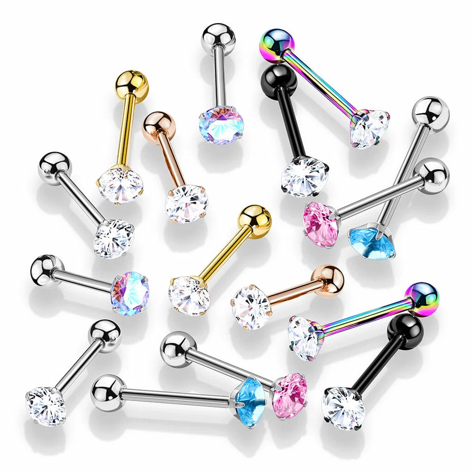 Prong Set Round CZ 316L Surgical Steel Barbell Tongue Rings
