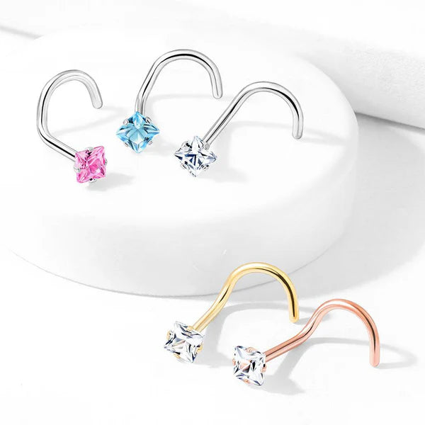 Prong Set Square CZ Top 316L Surgical Steel Nose Screw Rings