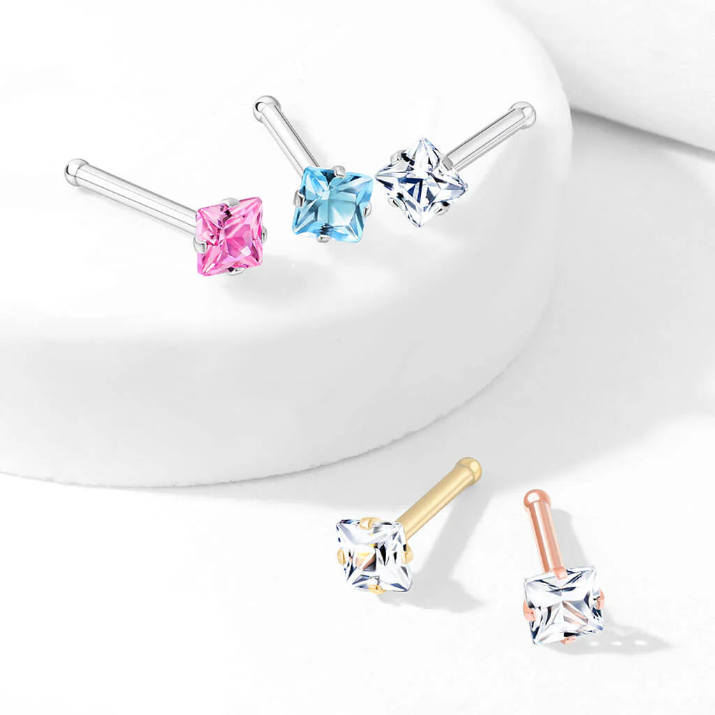 Prong Set Square CZ Top 316L Surgical Steel Nose Bone Stud Rings