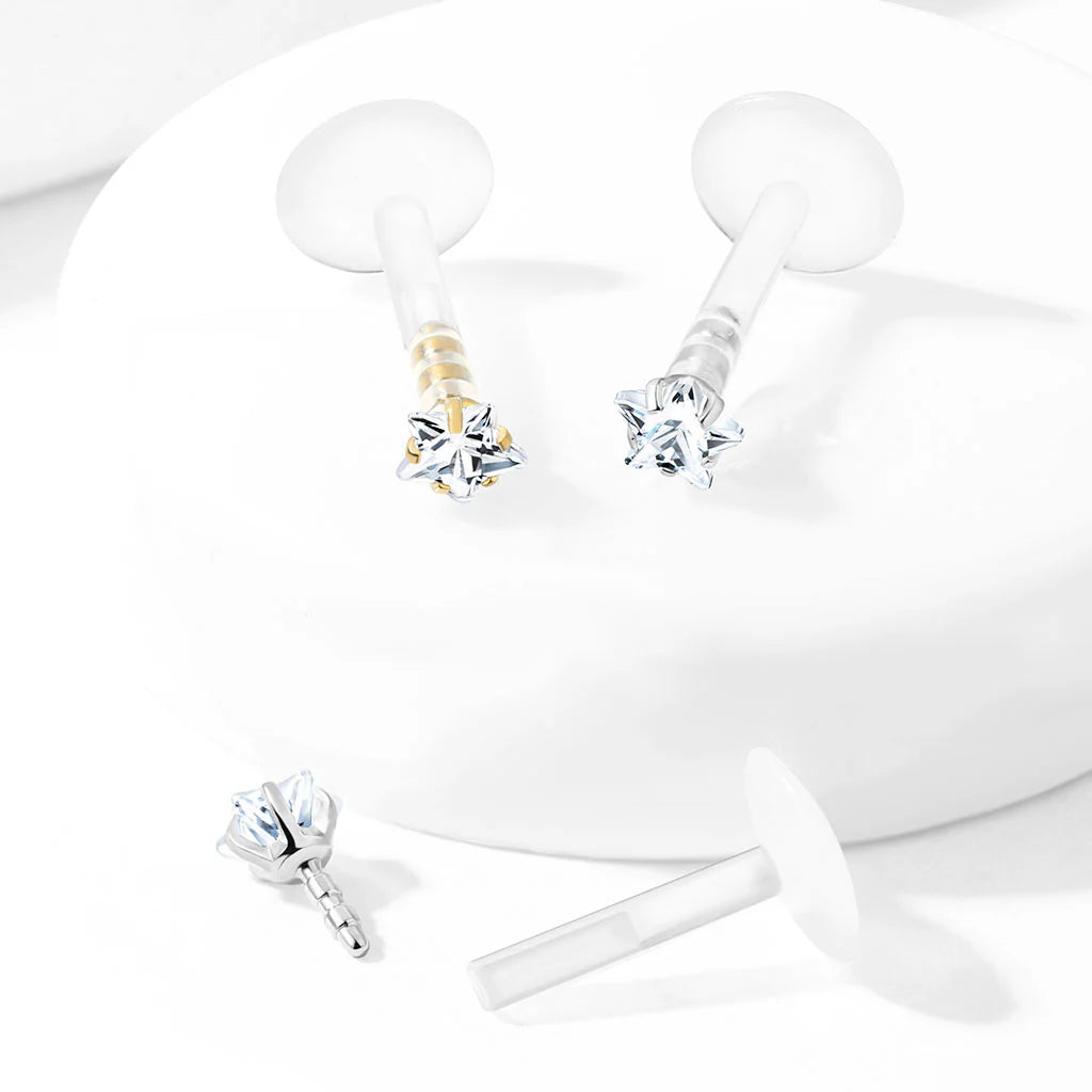 Prong Set Star CZ 316L Surgical Steel Top Push In Bio Flex Flat Back...