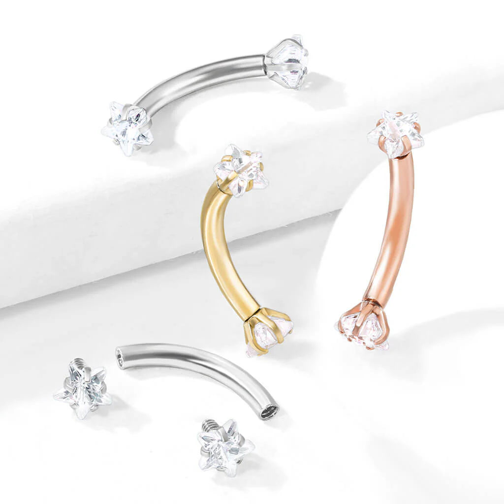 Prong Set Star CZ Ends Internally Threaded 316L Surgical Steel Curved...
