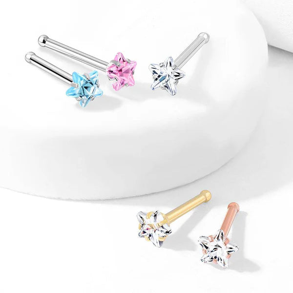 Prong Set Star CZ Top 316L Surgical Steel Nose Bone Stud Rings
