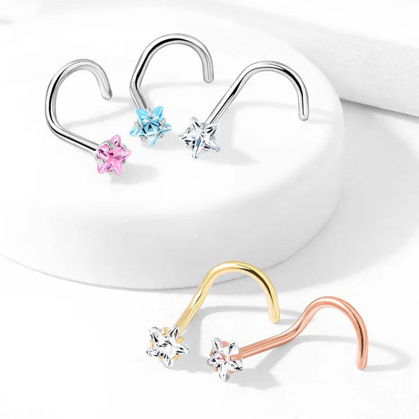 Prong Set Star CZ Top 316L Surgical Steel Nose Screw Rings