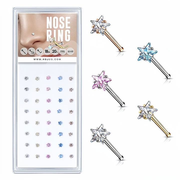 Prong Set Star CZ Top 316L Surgical Steel Nose Stud Package ( x)