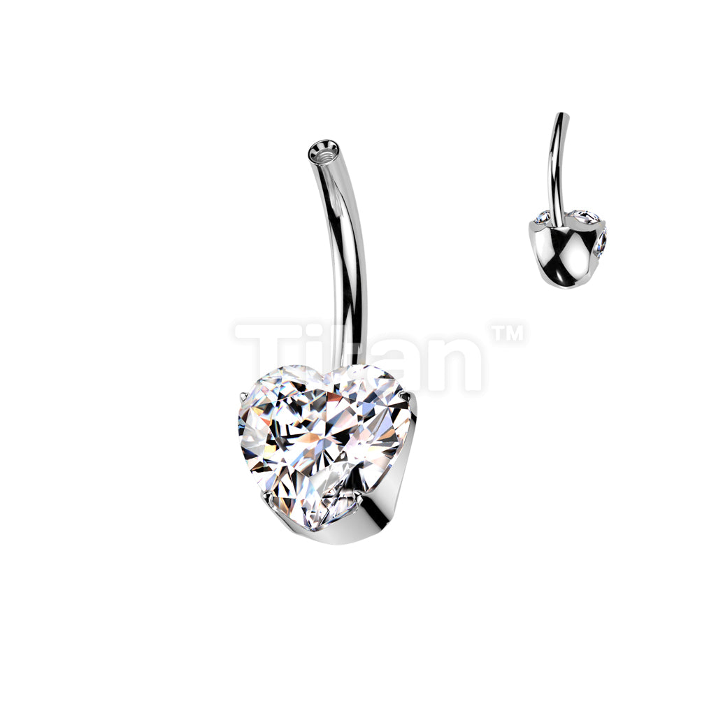 Implant Grade Titanium Internally Threaded Belly Button Pin With One Fixed Prong Set Heart CZ - Image 2