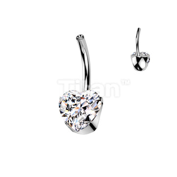 Implant Grade Titanium Internally Threaded Belly Button Pin With One Fixed Prong Set Heart CZ - Image 2