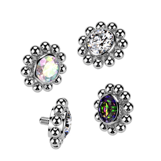 Implant Grade Titanium Internally Threaded Bezel Set CZ Center With Beaded Ball Edge Top
