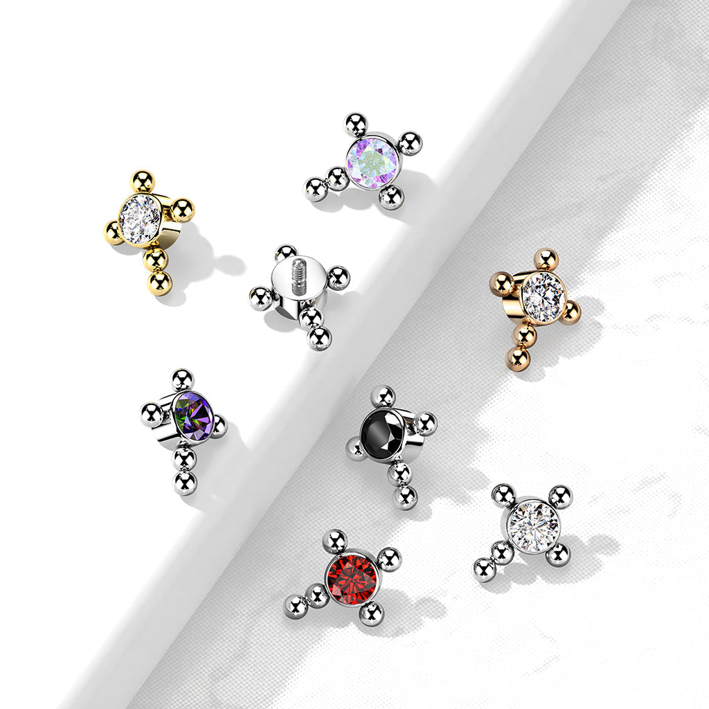 Implant Grade Titanium Internally Threaded Bezel Set CZ Center Beaded Ball Cross Top