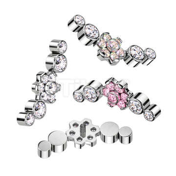 Implant Grade Titanium Internally Threaded Top With CZ Flower Center and Double Bezel Set CZs on Each Side