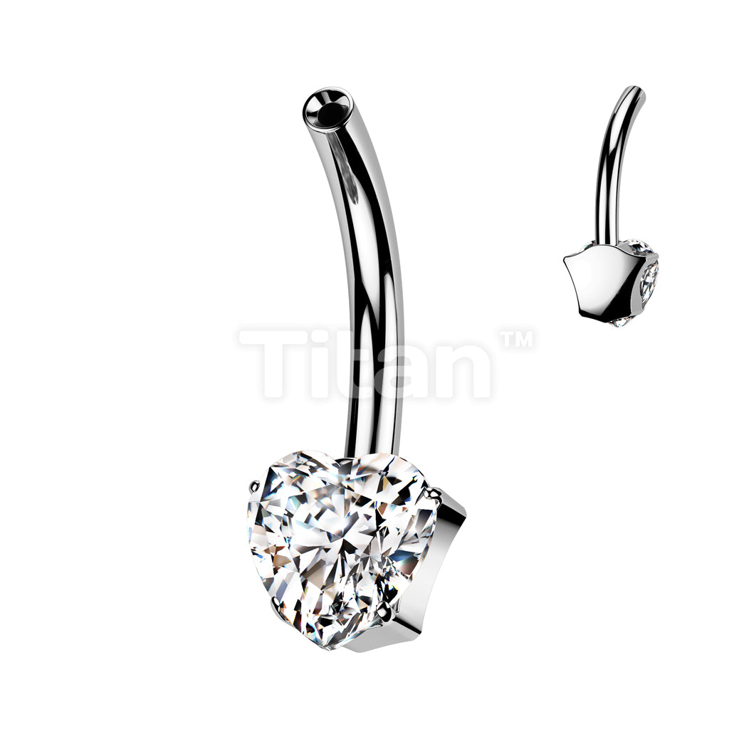 Implant Grade Titanium Threadless Push In Belly Button Pin With One Fixed Prong Set Heart CZ - Image 2