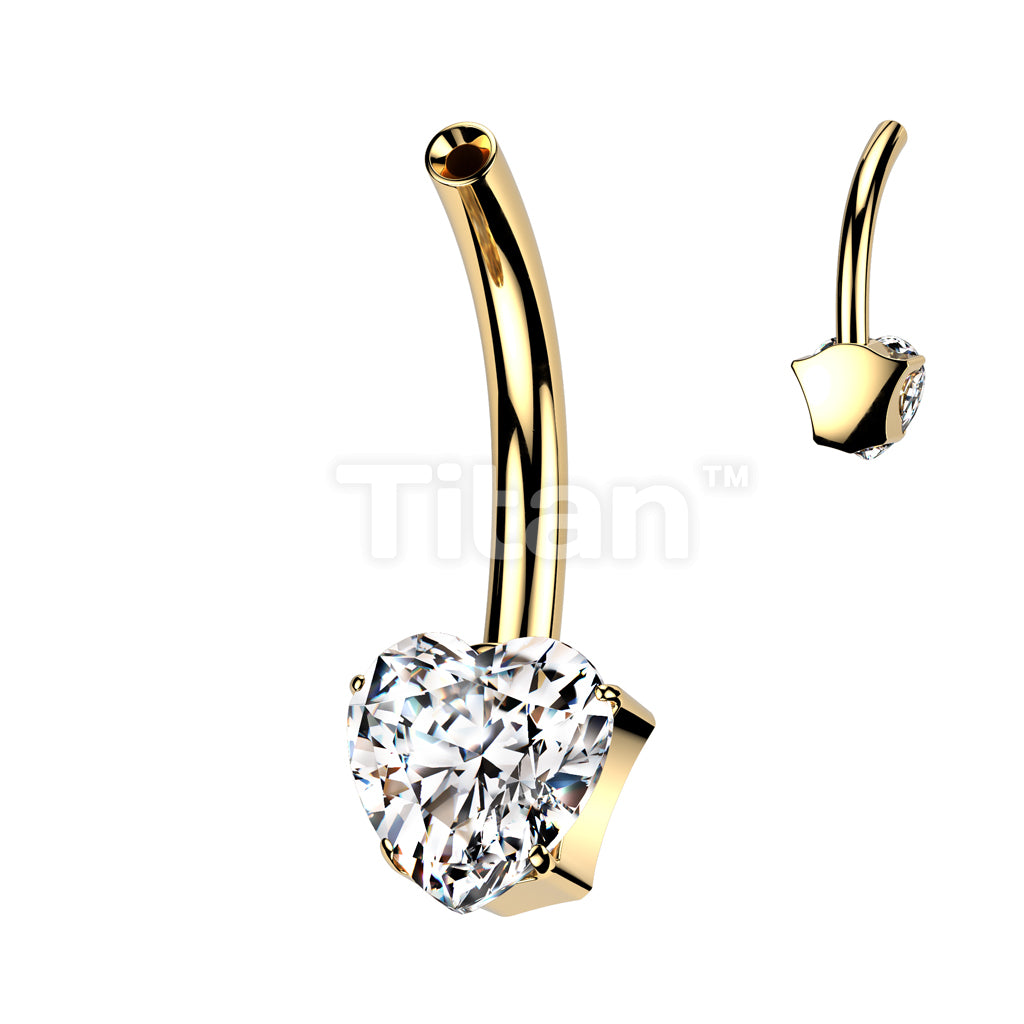 Implant Grade Titanium Threadless Push In Belly Button Pin With One Fixed Prong Set Heart CZ - Image 3