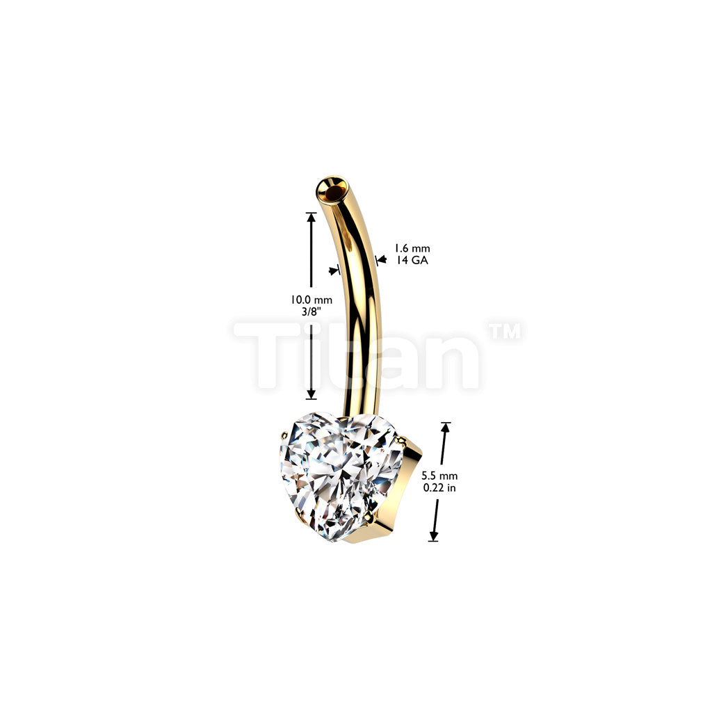 Implant Grade Titanium Threadless Push In Belly Button Pin With One Fixed Prong Set Heart CZ - Image 4