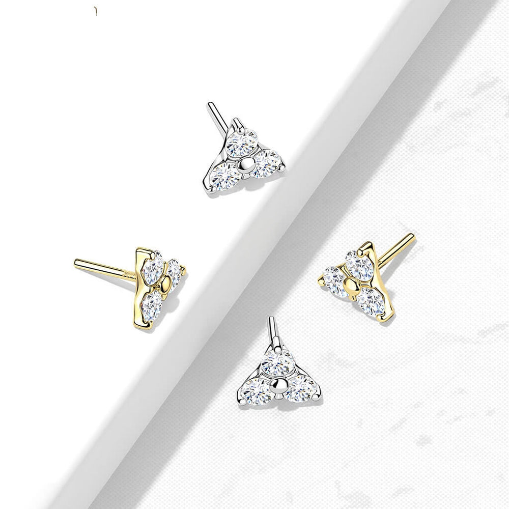 14K Gold Threadless Push-In 3 CZ Set Triangle Top