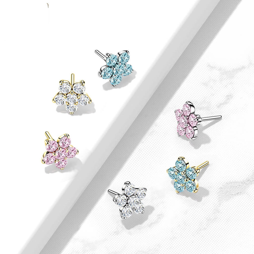 14K Gold Threadless Push-In Zircon set Flower Tops