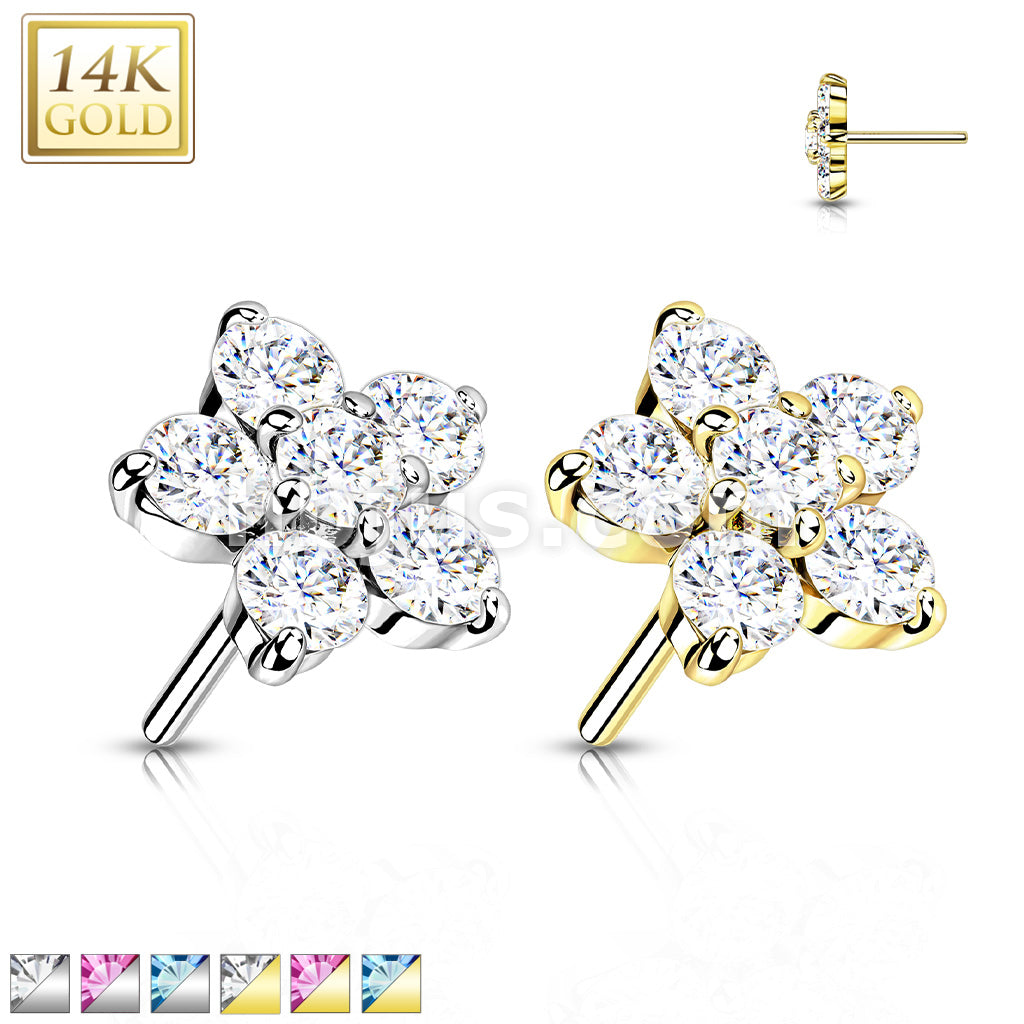 14K Gold Threadless Push-In Zircon set Flower Tops - Image 2