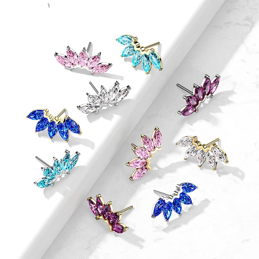 14K Gold Threadless Push In Front Facing 5 Marquise CZ Fan Set Curved Tops