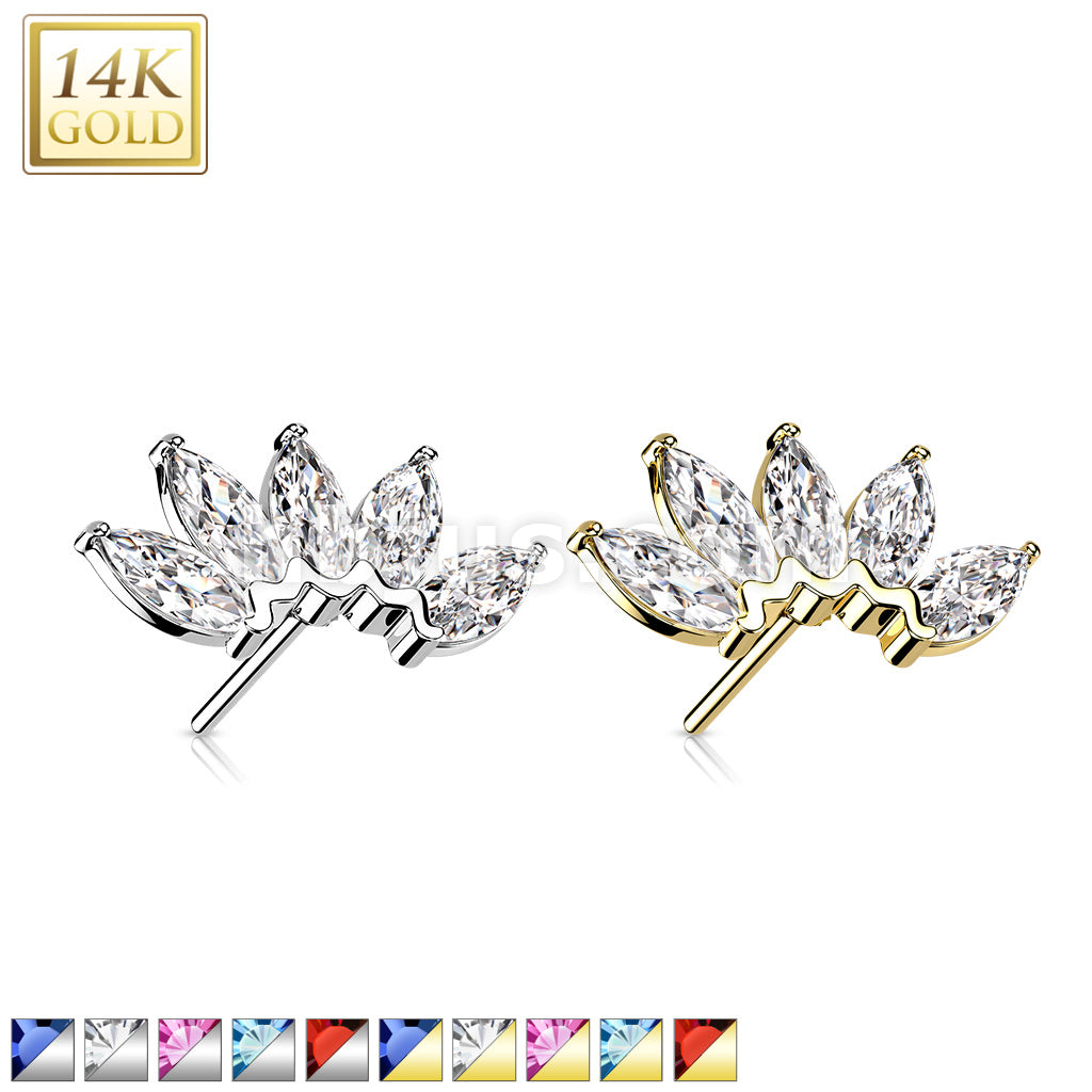 14K Gold Threadless Push In 5 Marquise CZ Fan Set Curved Top  - Image 2