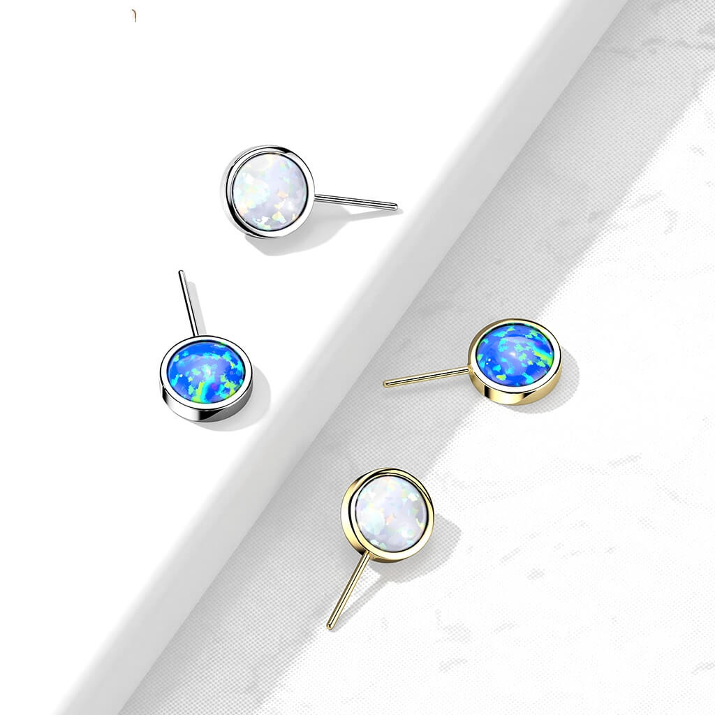 14K Gold Threadless Push In Front Facing Opal Bezel Set Balls