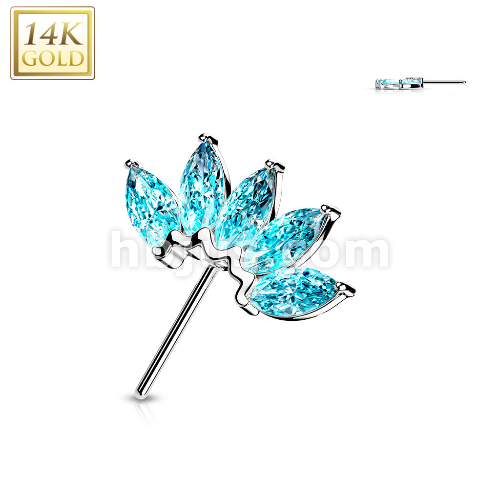 14K Gold Threadless Push In Front Facing 5 Marquise CZ Fan Set Curved Tops  - Image 6