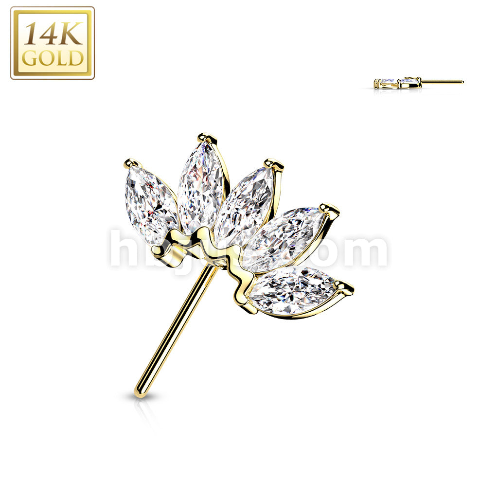14K Gold Threadless Push In Front Facing 5 Marquise CZ Fan Set Curved Tops  - Image 9