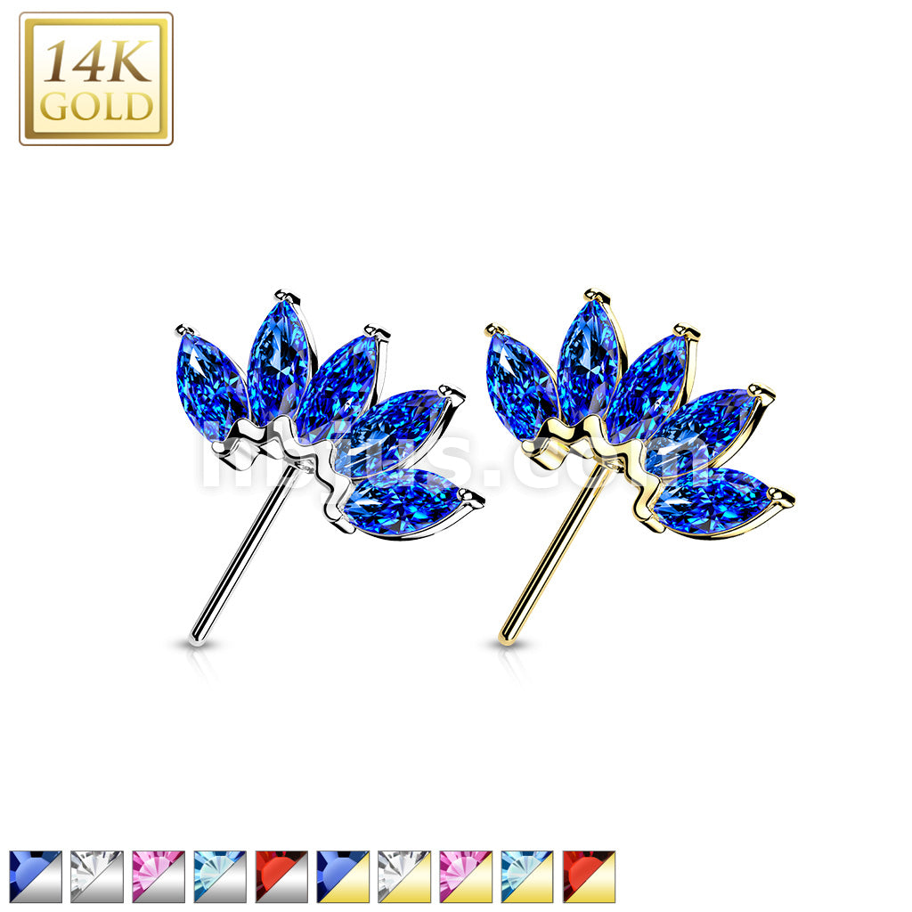 14K Gold Threadless Push In Front Facing 5 Marquise CZ Fan Set Curved Tops  - Image 2