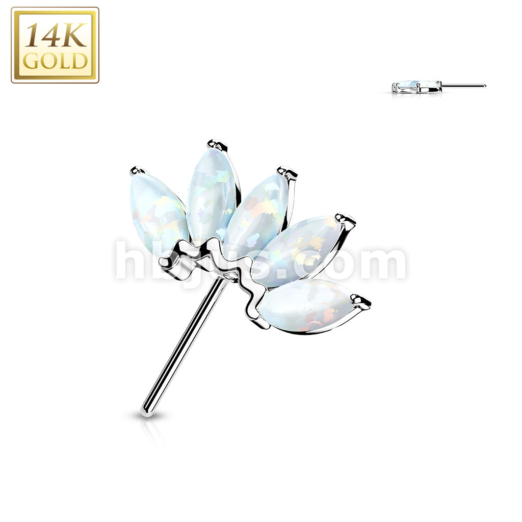 14K Gold Threadless Push In Front Facing 5 Marquise Opal Fan Set Curved Tops  - Image 4
