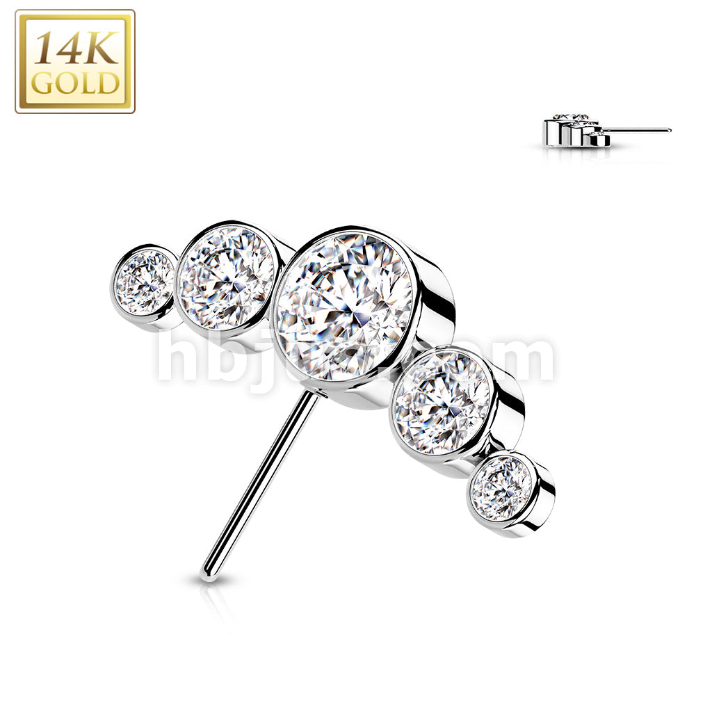 14K Gold Threadless Push In Front Facing 5-Round CZ Bezel set Curved Top - Image 3