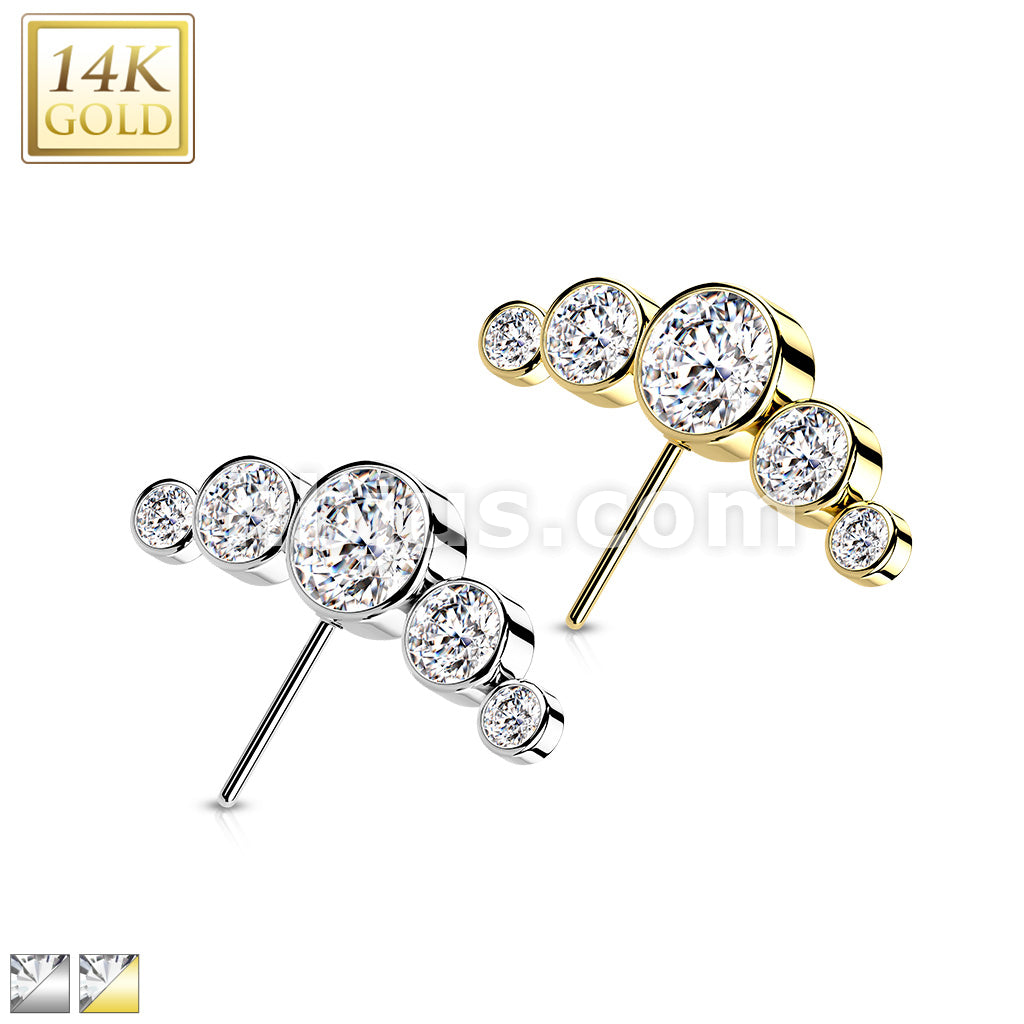 14K Gold Threadless Push In Front Facing 5-Round CZ Bezel set Curved Top - Image 2