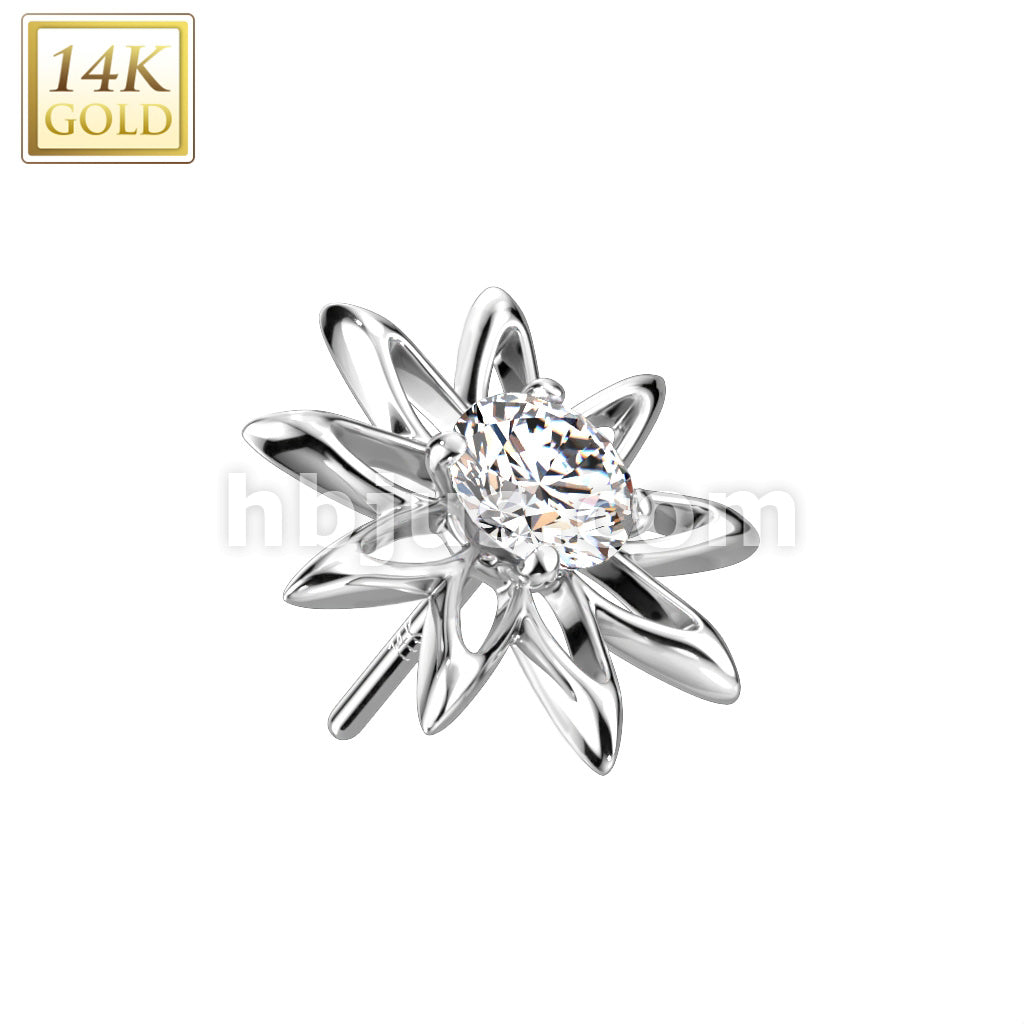 14K Gold Threadless Push In Hollow Flower Top With Elongated Petals and Opal or CZ Center - Image 3