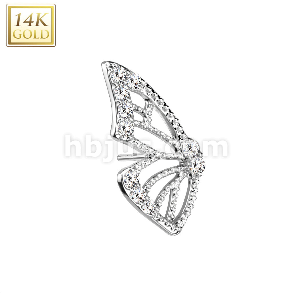 14K Gold Threadless Push In Butterfly Wing With Pave CZ's - Image 2