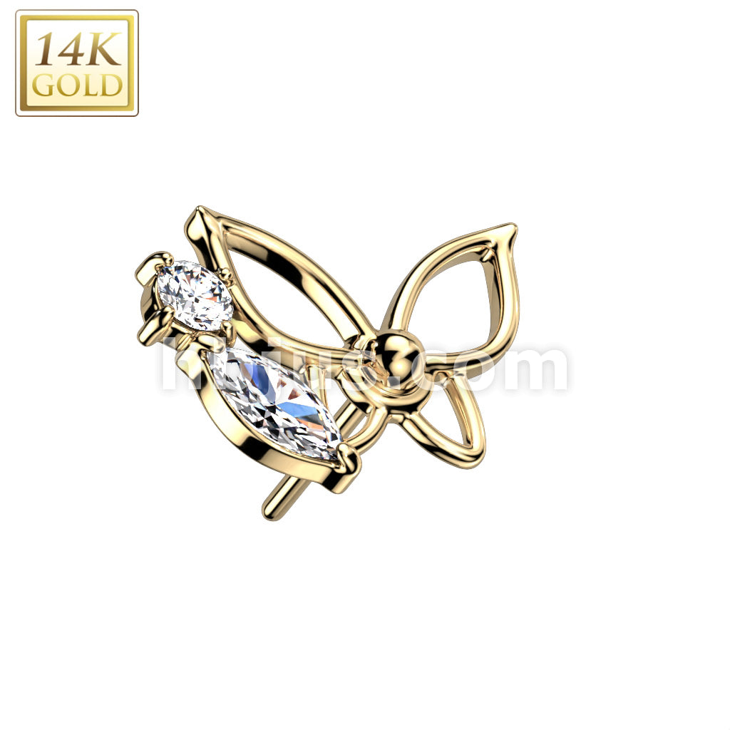 14K Gold Threadless Push In Hollow Butterfly With CZ - Image 3