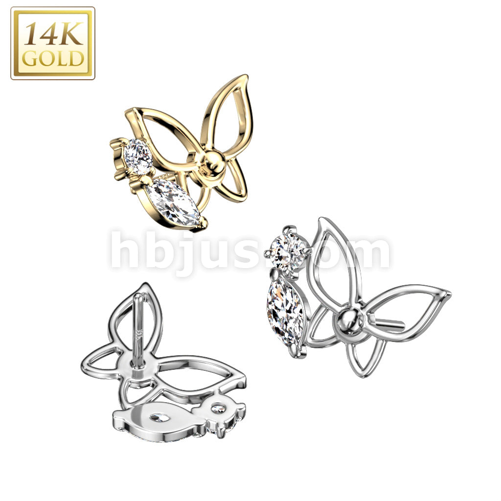14KT  Gold 14K Gold Threadless Push In Hollow Butterfly With CZ