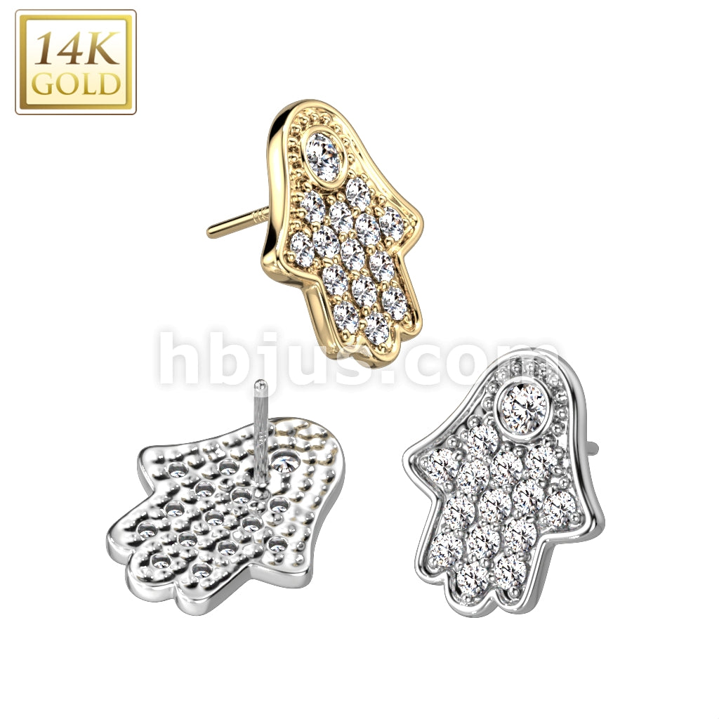 14K Gold Threadless Push In Hamsa Hand Pave CZ Top