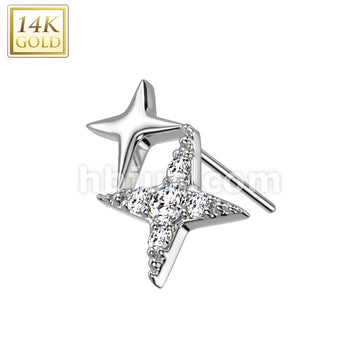 14K Gold Threadless Push In Double Star Cross With CZ Top - Image 2