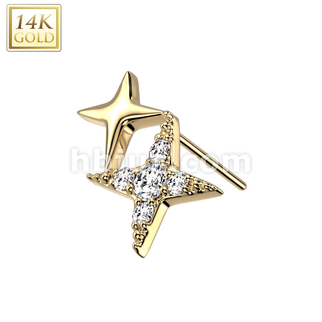 14KT  Gold 14K Gold Threadless Push In Double Star Cross With CZ Top - Image 3